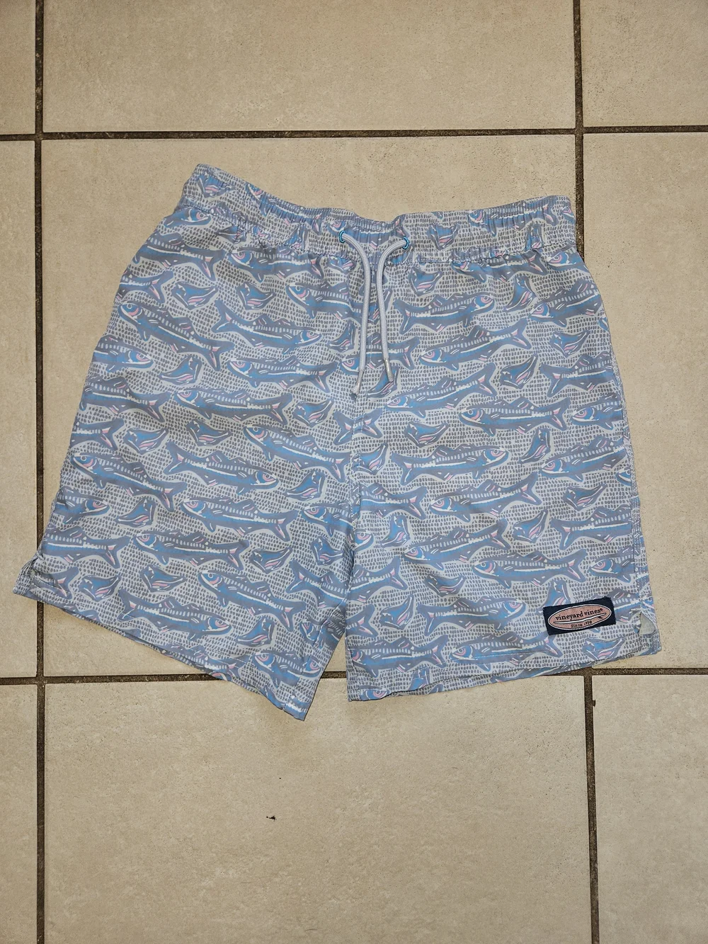 Vineyard Vines Blue Shark-Print Kids Swim Trunks